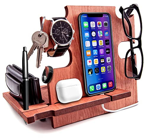 GRETAOTO Docking Station in Legno, Organizzatore da Scrivania, Portaoggetti - Idea Regalo da Uomo, Regalo di Natale per Lui (Marrone Chiaro (ciliegio))