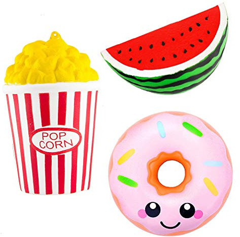 Squishies Toys, Hirsiran 3Pcs Squishy Jumbo Squeeze Toy Slow Rising Scented Stress Relief Smile Donut Pop Corn Toy for Kids Adults