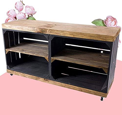 Kontorei® TV-Schrank aus Regalkisten schwarz und „Used“ auf Rollen 100cm x30cm x50cm 1er Set Fernsehtisch Black braun klassisch Kiefernholz Obstkisten Weinkiste Box Fernsehregal Mehrzweck Wohnzimmer