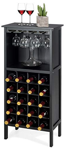 COSTWAY Casier à Vin Multifonctionnel avec 20 Emplacements de Bouteilles et Etagère pour Flûte à Champagne, Idéal pour Cuisine, Salle à Manger, Salon, Bar, Noir