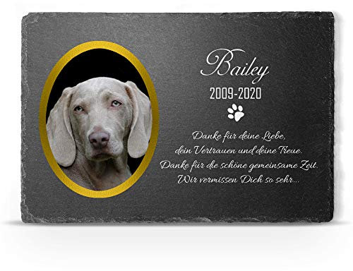 Individueller Personalisiert Tiergrabstein Schiefer Gedenkstein für Hund, Katze und andere Haustiere - Größe 20 x 30 cm - Personalisiert Text und Ovales Foto