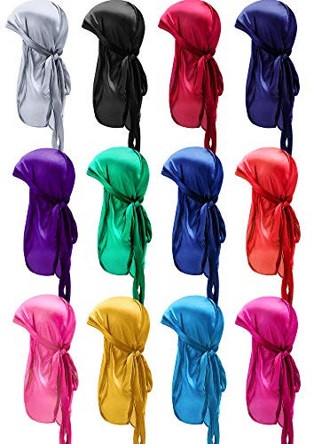 12 Stücke Seidiger Durag Kappe Weiches Kopftuch mit Langem Schwanz Elastische Breite Träger Kopfwickel für Frauen Männer Gefälligkeiten, 12 Farben (Klassisch Sortierte Farben)