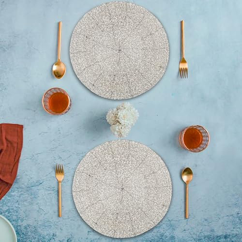 Goroly Home Beaded Placemats for Dining Table, Rustic Farmhouse Hand Made Glitz Table Top Charger for Christmas Easter New Year Thanksgiving Family Party Celebrations- 13 Inch Set of 4 - White Silver