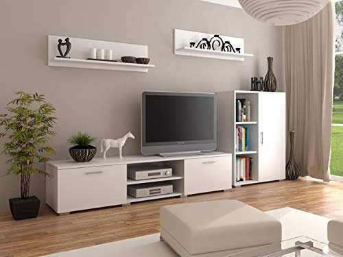 Per la vita Schrankwand Weiß Szopen – Modernes Regalwohnzimmer Set in Weiß - Möbel Modern mit integriertem Wohnzimmerschrank, TV Schrank, Sideboard & Wandregal
