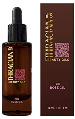 Thracian Bulgarisches Premium Beauty-Rosenöl mit Rosa Damascena biozertifiziert hydratisierende Anti-Aging Hautpflege Gesicht Körper Haare Glasflasche 30 ml mit Pipette