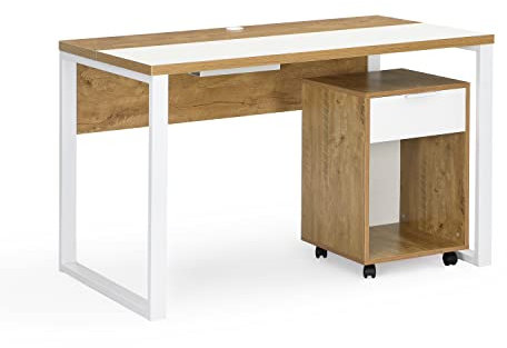 B&D home Schreibtisch mit Rollcontainer Set | Bürotisch Computertisch mit Schublade Ablagefläche für Jugendzimmer, Büro, Arbeitszimmer | modern Design | Wildeiche Optik, 12103-120-WEIS-2S