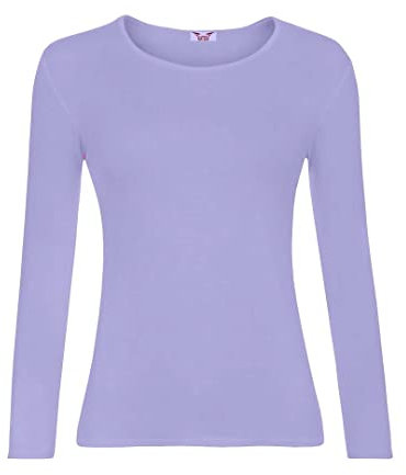 KATSSI Women’s Ladies Long Sleeve Stretch Plain Round Scoop Neck T Shirt Top SM Lilac