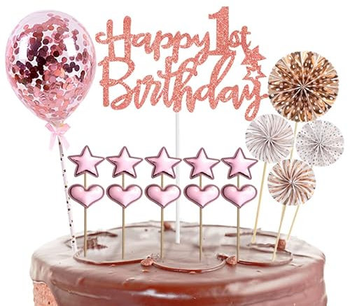 Tortendeko 1 Geburtstag Baby Mädchen Frau,16 Stück Glitzer 1. Geburtstagstorte Topper,Roségold Cake Topper Deko 1 Geburtstag,Happy 1st Birthday Kuchendeko Luftballons für 1. Geburtstag Party Kuchen