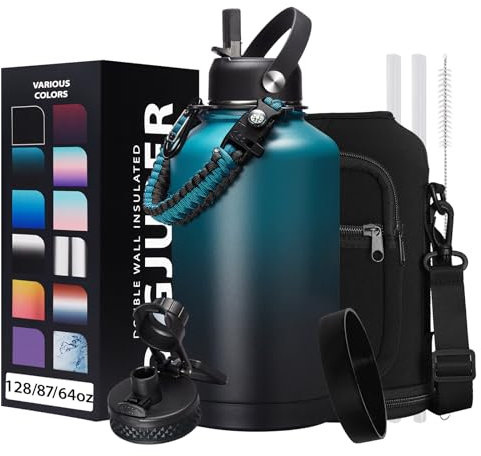 Botella de agua aislada de medio galón con pajita, jarra térmica de acero inoxidable con tapas de popote, mango de paracaídas y funda de botella, botella térmica al vacío de 64 onzas para trabajo al