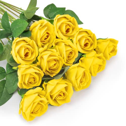 OWLKELA 12 PCS Artificial Roses, Fake Flannel Flowers, Faux flowers Single Long Stem Blooms With Rose Buds, Realistic Decorative Flowers for Wedding, Home, Garden, Birthday Party Decoration (Yellow)