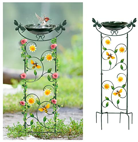 HONGLAND Metall-Vogeltränke mit Rankgitter, 93 cm, Garten-Vogeltränke für draußen mit Abnehmbarer Schale und Rankhilfe, dekorative Vogelfutterstation mit Biene für Garten, Terrasse und Zaun