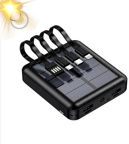 POWER BANK CARICABATTERIA PORTATILE 10000MAH CON PANNELLO SOLARE E CAVI INTEGRATI, CARICA BATTERIA 4 IN 1 RICARICA SOLARE USB-C USB-A e MICROUSB - DISCORAMA® (Mini Power Bank)