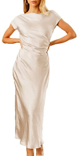 Gmeitoey 2023 Satin-Sommerkleider für Damen, Flügelärmel, Wasserfallrücken, Elegante gerüschte Taille, Hochzeitsgäste, Midikleid, Champagner, Klein