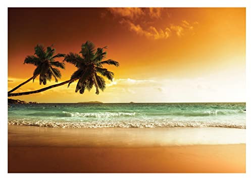 Fototapete Strand und Meer Palmen 3D Effekt Sonnenuntergang - inkl. Kleister - für Wohnzimmer Schlafzimmer Flur Vlies Tapete Wandtapete Vliestapete Motivtapeten Montagefertig (254x184 cm)