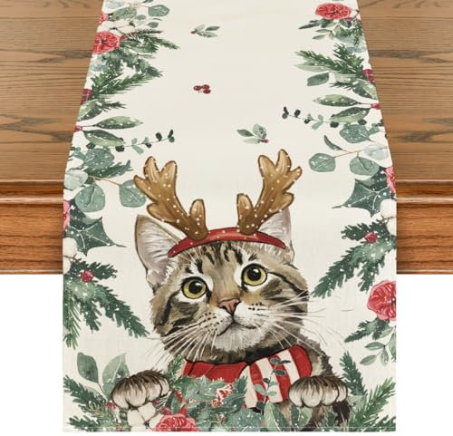 Artoid Mode Holly Blumen Eukalyptus Katze Weihnachten Tischläufer, Saisonnal Winter Küche Tisch Dekoration Drinnen Urlaub Party Dekor 40x300 cm