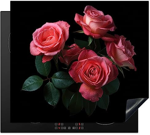 KitchenYeah© Protezione Piano Induzione 59x52 cm Cucina Copri Fornelli Proteggi di Cottura Antiscivolo Tappetino Rose - Rosa - Fiori - Naturale - Nero