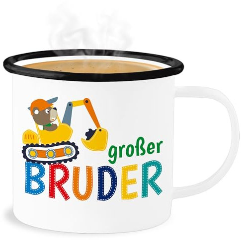 Emaille Becher Blechbecher - Großer Bruder Bagger Geschenk Tasse - 300 ml - Weiß Schwarz - Blech für Big Brother