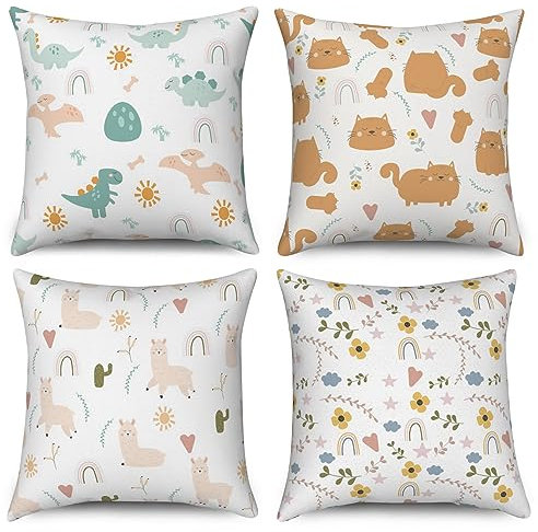 ASDCXZ Kinder Kissenbezug 40x40 cm 4er Set, Niedlich Tier Dinosaurier Katze Alpaka Blume Sofa Dekokissen Kissenbezüge Kissenhülle Waschbar Polyester Flachs Textil Outdoor Kopfkissenbezug Kissen Bezug