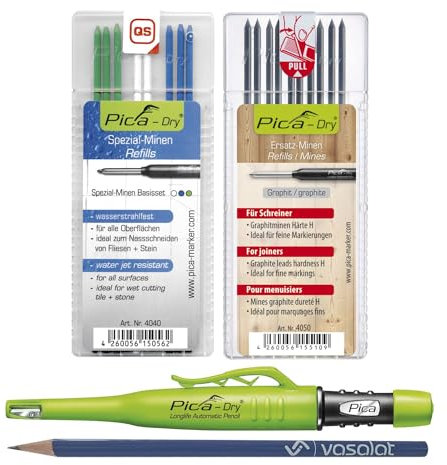 Pica Marker Set - Pica Dry Tieflochmarker + 10 Ersatzminen Härte H + 8 Ersatzminen wasserstrahlfest in blau/weiß/grün