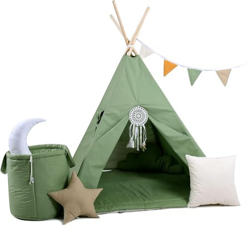 Kinder Teepee Tipi Set für Kinder Spielzeug drinnen draußen Spielzelt Zelt 8 Elemente dabei Tipi-Set Indianer Indianertipi mit Fenster usw. (mit Zubehör Waldgeist)