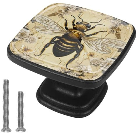 Anna Cowper Schrankknäufe im Retro-Stil mit Bienen-Blumenmuster, für Küchenschränke und Schubladen, Einlochknäufe, Schwarz, 4 Stück