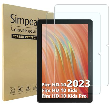 Simpeak 2 Pack Pellicola Protettiva Compatibile con Amazon Fire HD 10 / Fire HD 10 Kids/Fire HD 10 Kids Pro Tablet 10.1 2023 Tablet 10.1, Vetro Temperato Protezioni Schermo HD Anti-graffio