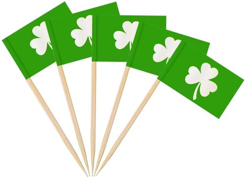 AhfuLife 200 Stück Grüne Blätter Zahnstocher Flaggen, Irische Fahne Klein Zahnstocher für Sandwich Lebensmittel Cupcake Toppers Toothpick Cocktail Obst Partyzubehör St Patricks Day Partydeko