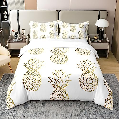 Loussiesd Ananas 100% Baumwolle Bettwäsche Set, Boho Exotic Style Bettbezug Set Baumwolle Bettwäsche Set,Fresh Ananas Muster Gold Gelb Weiß Betten Set, 220x240cm