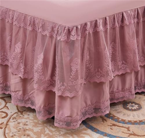 Odot Blumen Spitze Design Bettrock mit Rüschen, Solide Farbe Bettvolants Spannbettlaken mit Volant Matratzenschoner Spannbetttücher Weiche Spannbetttuch Bettlaken (Dunkelpink,180x200cm)