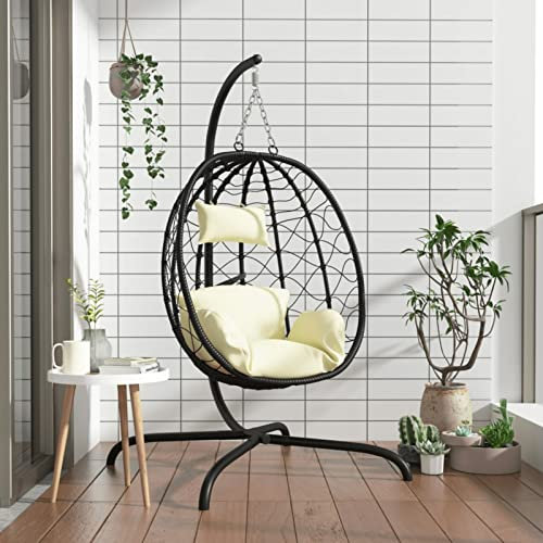 Hängesessel Ei mit Kissen, CIADAZ Garten Möbel, Hängesessel Outdoor, Jugendzimmer, Hängestuhl, Hanging Chair, Liebesschaukeln, Hängeschaukel Outdoor, Cremeweiß Poly Rattan & Stahl