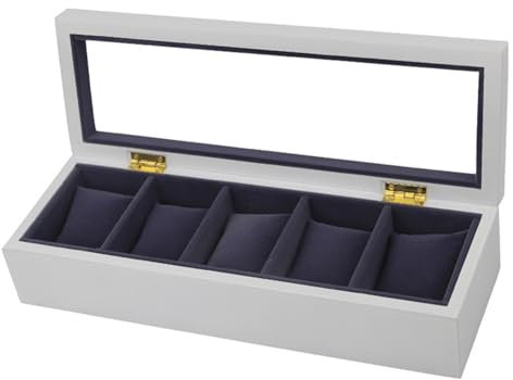 BURLOE Uhrenbox, Uhrenvitrinen Organizer Mit 5-Fächern Aufbewahrungsbox Für Schmuckuhren Uhrenhalter Herren Und Damenuhren Schmuck Fächern Uhrenkasten,Weiß