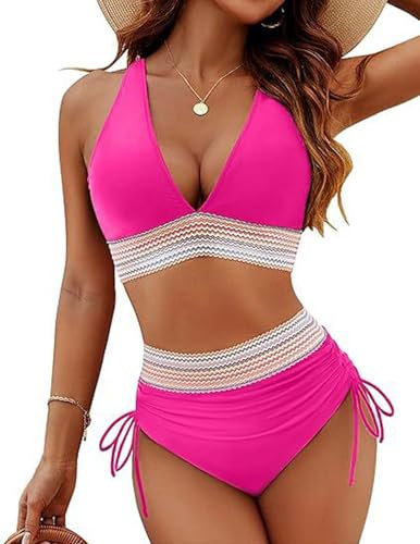 HUXRAKV Ensembles Maillots Deux pièces pour Femmes Rembourré Maillot de Bain de Plage Epissure de Sangle à la Taille Haute Triangle Bikini Set,D-Rose,M