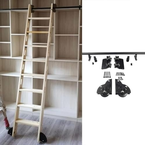 3,3-24 Fuß Rollleiter-Hardware-Bibliothek Schiebeleiter-Hardware-Kit, Bodenräder mit Bremse (keine Leiter) Schwarzes Stahl-Rundrohr Mobile Leiterschiene für Bibliothek/Dachboden/Zuhause/Inne
