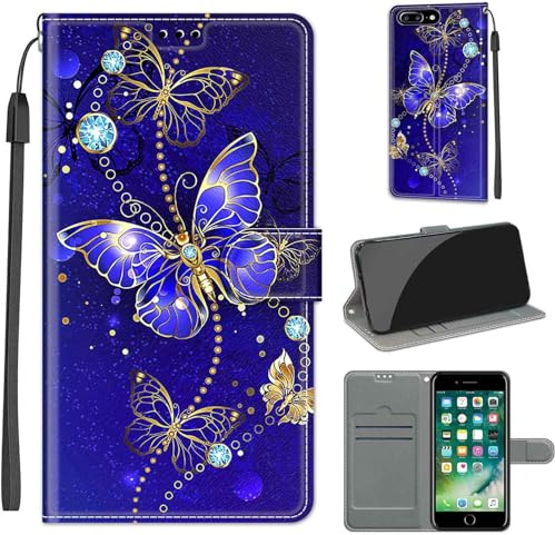 TOMYOU PU Leather Wallet Case for iPhone 7 Plus/8 Plus, Butterfly | Pouch Design, Book Flip Folio, Magnet Closure, Kickstand, Card Slots, Wrist Strap Lanyard, Pattern Style