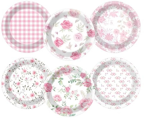 Justforjoyful 48Pcs Spring Floral Paper Plates Pink Party Decoration Disposable Vintage Flower Party Dinnerware Tableware Set Tea Party Dinner Plate for Birthday Wedding Baby Shower Party Supplies 7in
