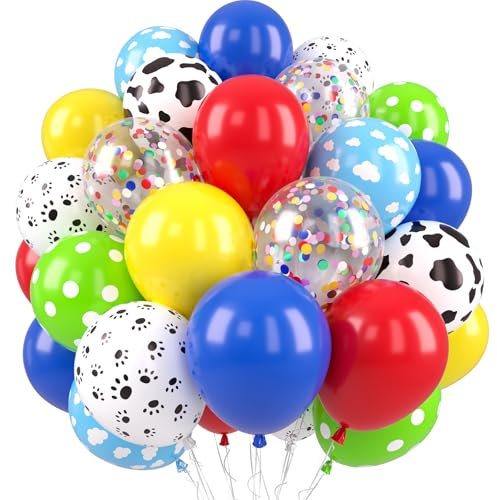 Red Yellow Blue Balloons, Toy Inspired Story Balloons, Dog Paw Cow Print Balloon Blue Cloud Balloon for Carnival Circus Cartoon Hero Theme Birthday Boys Baby Shower Party Decorations