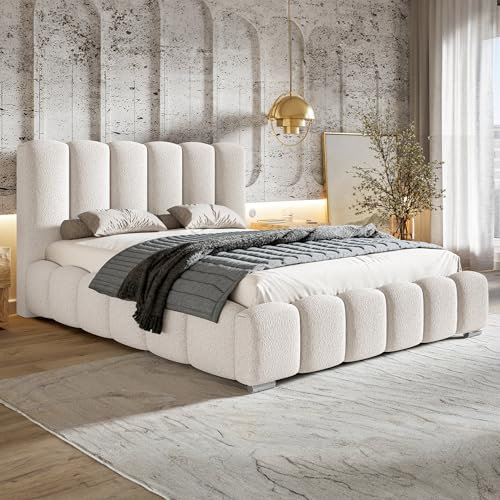 MOTIVENA Grand Bubble Bett 160x200, Polsterbett 160x200 Boucle, mit Bettkasten, mit Stauraum, mit Lattenrost, mit Kopfteil, Matratze H3, Weiß (Milch)