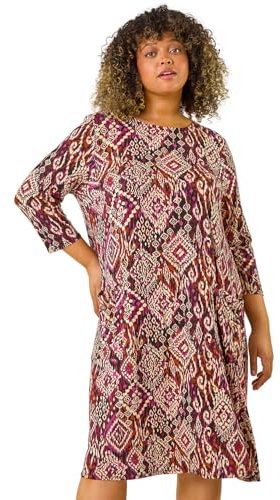 Roman Originals Tunic Dress with Pockets for Women UK Ladies Swing Fit & Flare Skater Slouch Stretchy Casual Smart Winter Jersey Pull On Work Office 3/4 Long Sleeves - Brown - Size 22