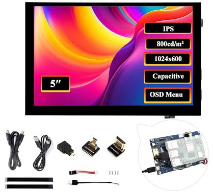 Touch screen HDMI da 5 1024 x 600, display IPS touch capacitivo a 5 punti, angolo di visione 178°, compatibile con Raspberry Pi 5/4B/3B+/3B/Zero 2W/Zero W/Zero/Pico/Pico W, Win 11/10/8.1/8/7/Jetson