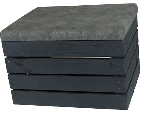Kistenkolli Altes Land Sitzhocker mit Stauraum, Fußbank Aufbewahrungsbox 50x40cm Sitzhocker Holztruhe Aufbewahrungskiste Holztruhe Sitzpouf & Fußhocker (schwarz Polster Anthrazit)