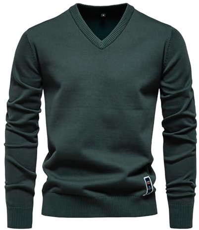Jersey de punto para hombre, cuello de pico, algodón, elegante, de punto fino, manga larga, camiseta básica, ajustada, elástica, para otoño e invierno, verde, XXL