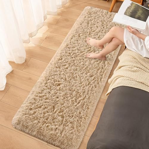 MYUANH Bettvorleger Schlafzimmer rutschfest 50 x 340 cm Weicher Hochflorteppich Teppiche Fürs Schlafzimmer Flauschig-Weiche, Weich, Pflegeleicht, Anti-Rutsch Unterseite, Kamel