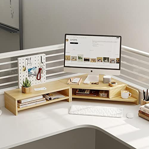Double Layer Wooden Corner Monitor Stand, Monitor Riser for L Shaped Desk, Corner Laptop Stand with Slots, Space Saving Corner Desk Riser