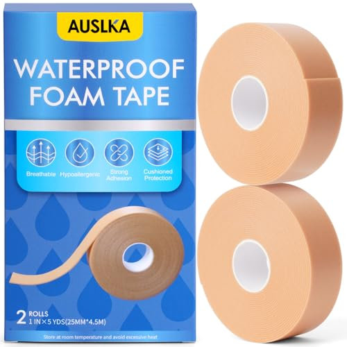 AUSLKA 2 Rolls Waterproof Foma Tape, 1 in x 5 Yds, Flexible Foam Medical Tape, Waterproof Bandages,for Medical Applications, Securing Bandages, Dressings