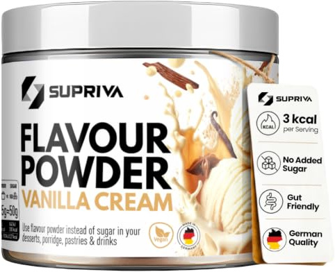 SUPRIVA Vanilla Cream Flavour Powder, Low Calorie, Sugar Free, 66 Servings | Made with plant-based inulin and real flavour pieces; a low calorie flavor powder for yoghurt, oats, desserts and baking.