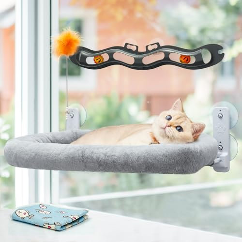 Odoland Cat Hammock Window Perch, Foldable 58 * 39cm Large Window Hanging Cat Bed for Indoor with Interactive Toy, Reversible Cat Windowsill Seat with Strong Suction Cups, Hold Up to 18kg (Grey)