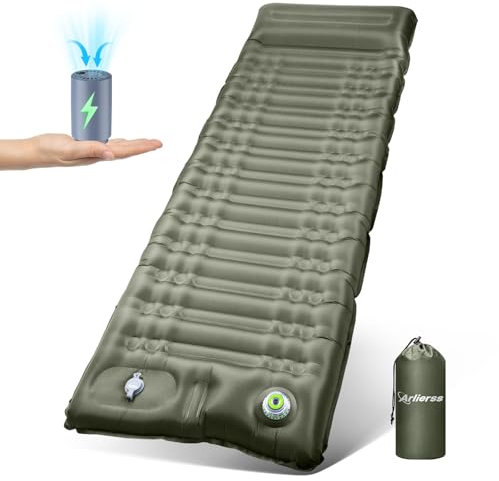 Arlierss Materassino elettrico autogonfiante, spessore 12 cm, con pompa e cuscino, ultraleggero, impermeabile, anti-ribaltamento, per escursioni, spiaggia, verde militare