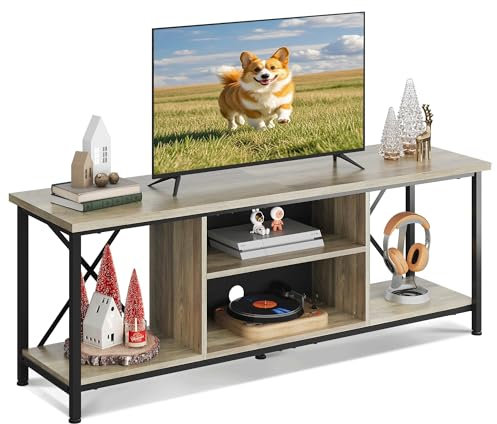 WLIVE Mueble de TV para televisores de hasta 65 pulgadas, con espacio de almacenamiento abierto, 140 x 40 x 49 cm, mesa de TV para salón y dormitorio, color gris