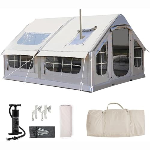 Aufblasbares Zelt, 6-8 Personen Zelt aufblasbar für Camping mit Ofenloch & Luftpumpe, Familienzelt Großes Zelte Haus, 4-Saison Outdoor Wasserdicht Glampingzelt Schnellaufbau (Gray Pro)