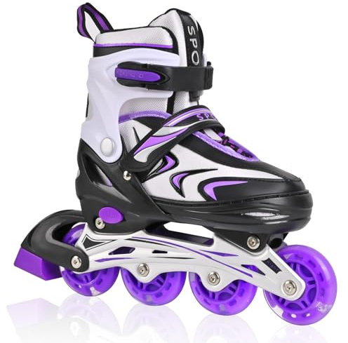 DUZSKJ Einstellbare Kinder Inline-Skates für Jungen Mädchen Kind, Kinder Roller Inline-Skates für Mädchen Jungen Jugend kleine Kinder Indoor Outdoor Spielen (Schwarz Violett, L)